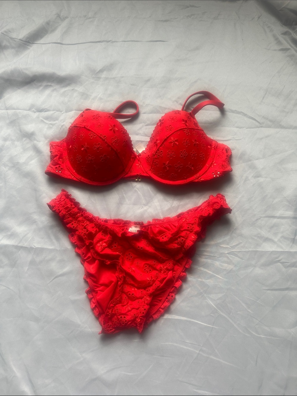 Pink VS Red Floral Eyelet Underwire Bra & Bikini Set - Women Intimates